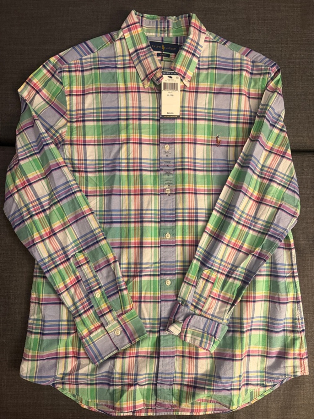 Ralph Lauren Pastel Plaid Cotton Button-Down Shirt - Green, Blue, Pink XL